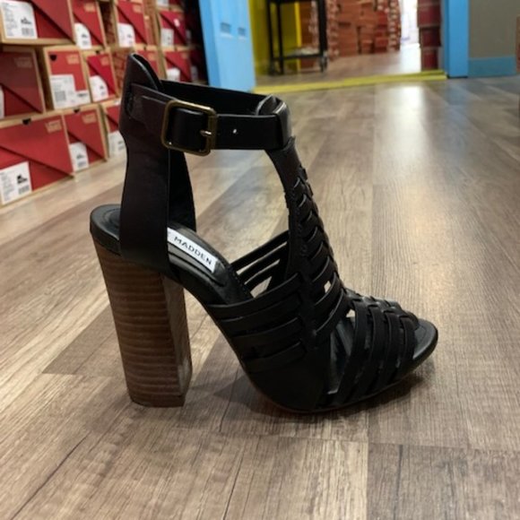 STEVE MADDEN SANDRINA BLACK LEATHER WOMEN HEELS SIZE 5.5 - Picture 1 of 3